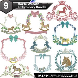 May include: A set of nine horse wreath embroidery designs. Each design features a frame or wreath with a rocking horse, horse head, or horse silhouette. The color palette includes pink, blue, green, and tan. The text "Horse Wreath Embroidery Bundle" is visible.