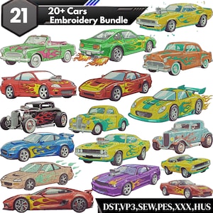 Könnte beinhalten: Eine Sammlung von gestickten Autodesigns in verschiedenen Farben, darunter Rot, Grün, Gelb und Blau. Jedes Auto hat Flammendetails, mit dem Text "20+ Cars Embroidery Bundle" oben. Die Zahl "21" befindet sich in der oberen linken Ecke.