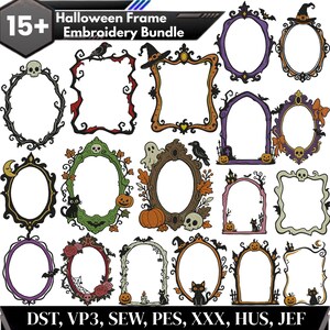 Halloween Frame Embroidery Designs Bundle, Spooky Border Machine Embroidery, Pumpkin Ghost Skull Bat Cat Witch Hat Haunted House Fall Decor