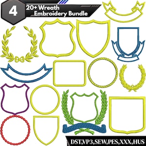 Op de afbeelding: Een verzameling borduurontwerpen met kransen, banners en schildvormen in verschillende kleuren, waaronder geel, groen, blauw en rood. De tekst "20+ Wreath Embroidery Bundle" staat bovenaan. De afbeelding bevat ook informatie over het bestandstype.