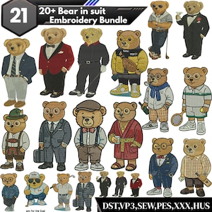 Könnte beinhalten: Ein Stickmuster-Bundle mit 21 Bären-Designs in verschiedenen Outfits, darunter Anzüge und Freizeitkleidung. Die Bären sind in verschiedenen Posen und Stilen dargestellt, mit dem Text "20+ Bear in suit Embroidery Bundle".