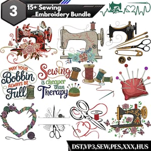 Op de afbeelding: Een verzameling digitale ontwerpen met het thema naaien en borduren. De afbeelding toont naaimachines, garenklosjes, scharen, spelden en de tekst "15+ Sewing Embroidery Bundle". De ontwerpen zijn in verschillende kleuren en stijlen, geschikt voor knutselprojecten.