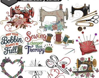 Floral Sewing Heartbeat Machine Embroidery Design, Split Tailor Supplies Embroidery Designs, Sewing Set Tools Embroidery files, DST PES File