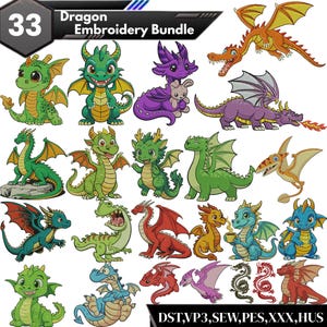 May include: A collection of 33 dragon embroidery designs in various colors and styles. The designs include cartoon dragons, dragons with wings, and dragons in different poses. The image includes the text "33 Dragon Embroidery Bundle".