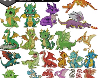 Cute Dragon Embroidery Design Bundle Fantasy Baby Dragons Pack 33 Designs Cartoon Mythical Creatures Kids Nursery Machine Embroidery Files
