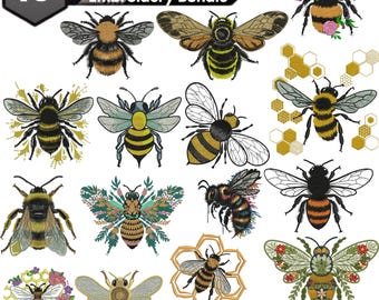 Floral Bee Machine Embroidery Design, Mini Cute Honeybee with Flower Embroidery Files, Realistic Honeybee Wreath, Pes Files