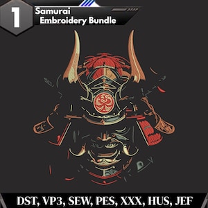 Puede incluir: Un diseño de bordado digital de un casco de samurái con contornos rojos y dorados sobre un fondo oscuro. El texto "Samurai Embroidery Bundle" aparece en la parte superior y los formatos "DST, VP3, SEW, PES, XXX, HUS, JEF" están listados abajo.