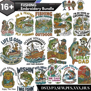 Op de afbeelding: Een verzameling van 16+ borduurontwerpen met visthema. De ontwerpen bevatten illustraties van vissen, vissers, boten en tekst zoals "Reel Great Dad" en "Gone Fishin". Het kleurenpalet omvat blauw, groen en oranje.