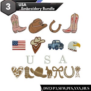 May include: USA Embroidery Bundle with various embroidered designs. Includes a cowboy boot, cowboy hat, horseshoe, American flag, eagle head, and the word "USA". Also includes a blue truck and a heart.