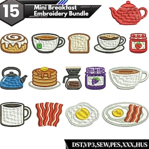 Mini-frukostbroderipaket, kaffepannkakor, bacon, ägg, bröd, sylt, tekannadesigner, broderisetel för köksmat, broderi för cafémorgon