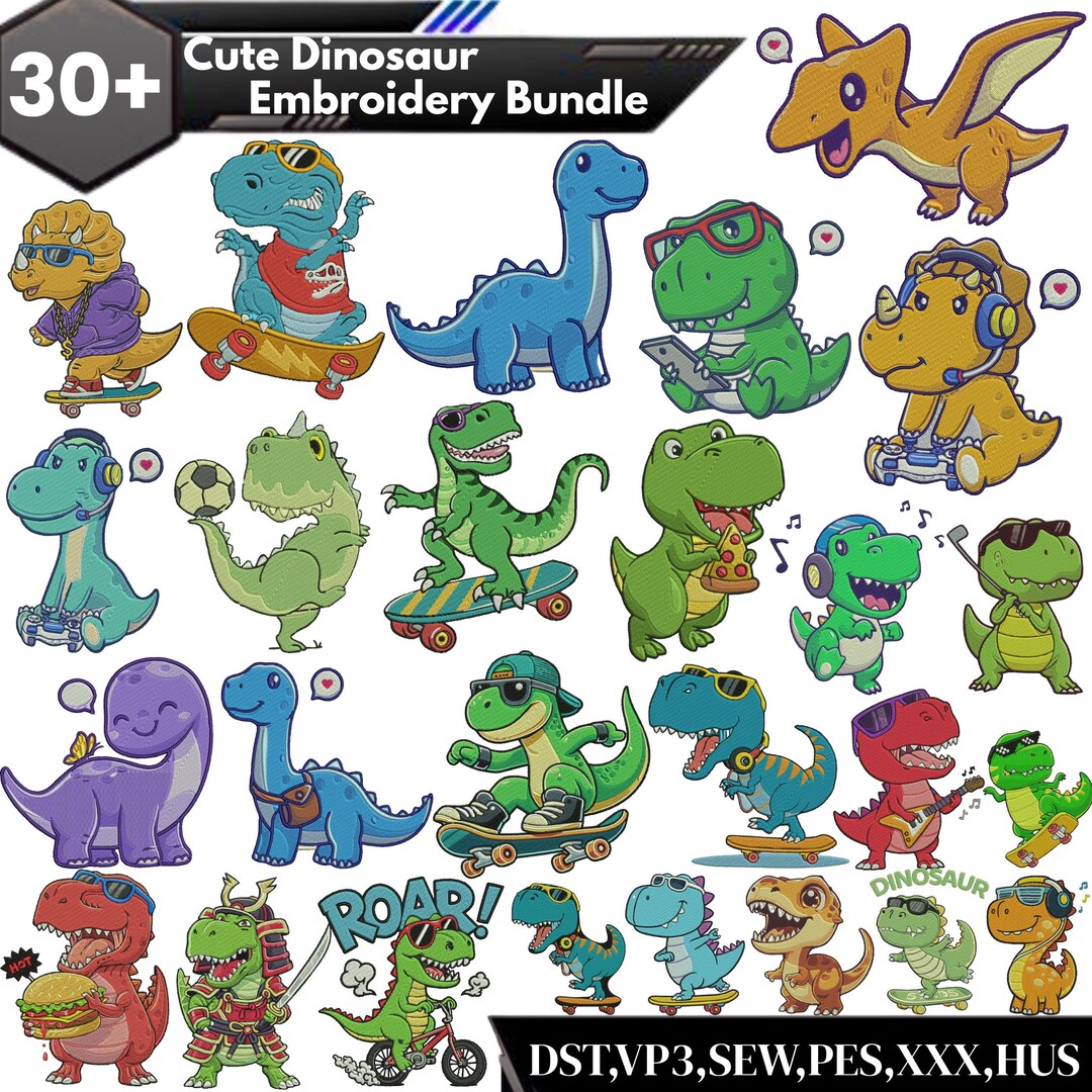 Cute Dinosaur Embroidery Design Bundle Funny Baby Dino Pack 30 Plus ...
