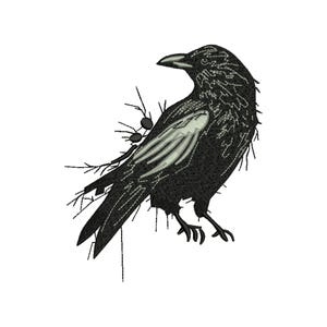 May include: A black raven embroidery design with detailed stitching. The raven has a white wing detail and is perched with a few small spiders on its back. The design is on a white background, suitable for apparel or home decor.