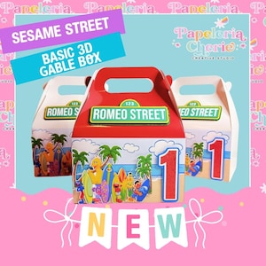 May include: Three red and white gable boxes featuring a beach scene with Sesame Street characters, surfboards, and palm trees. Each box displays a green sign reading ROMEO STREET with the number 123, and a large red glittery number 1 on the side.