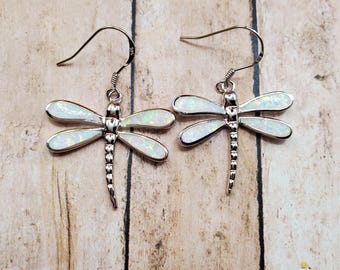 Lab Made Opal Earrings/ Dragonfly Earrings/ Opal Dragonfly Earrings/ Animal Opal Earrings / Silver Earrings/Boho earrings/ A91