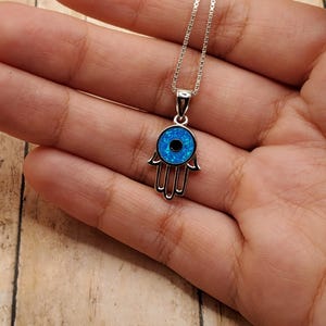 Opal Hamsa Hand Pendant/ Sterling Silver Pendant/ Hamsa Pendant/ Lab made Blue Opal Necklace/ Gift For Her/ A341