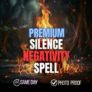 Puede incluir: Imagen de una vela con llamas y las palabras "PREMIUM SILENCE NEGATIVITY SPELL" en azul, blanco y rojo. La imagen también incluye el texto "24 SAME DAY" y una marca de verificación con "PHOTO PROOF".