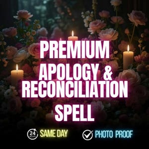 May include: An image with the text "PREMIUM APOLOGY & RECONCILIATION SPELL" in white, set against a backdrop of flowers and candles. The image also includes the text "24 HOURS SAME DAY" and "PHOTO PROOF". The theme is spiritual.