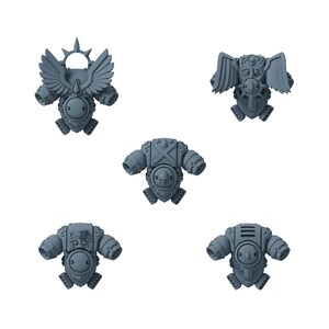 Op de afbeelding: Vijf grijze plastic rugzakonderdelen voor miniatuur tabletop-spelfiguren. Elk stuk heeft duidelijke mechanische details, waaronder vleugels, schedelmotieven, ventilatieopeningen en cirkelvormige emblemen voor bevestiging op de rug.