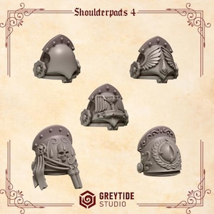 Op de afbeelding: Vijf grijze schouderstukken met verschillende ontwerpen, waaronder vleugels, een schedel en lauwerkransen. De tekst "Shoulderpads 4" staat bovenaan en het logo "GREYTIDE STUDIO" staat onderaan.
