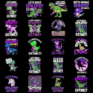 Könnte beinhalten: Eine Sammlung von Grafiken auf schwarzem Hintergrund, die jeweils einen Dinosaurier mit dem Text "Let's Make Epilepsy Extinct!" in verschiedenen Farben und Stilen zeigen. Einige Designs enthalten lila Bänder, ein Symbol für das Bewusstsein für Epilepsie.