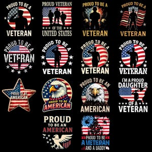 Könnte beinhalten: Eine Sammlung patriotischer Designs mit der amerikanischen Flagge, Adlern und Silhouetten von Veteranen. Texte beinhalten "Proud to be a Veteran", "Proud to be American" und "I'm a Proud Daughter of a Veteran."