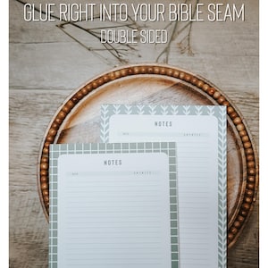 May include: Two double-sided note pads with lined pages and a light green grid border. The pads have the word "NOTES" at the top and are designed to be glued into a Bible. The image also includes the text "GLUE RIGHT INTO YOUR BIBLE SEAM" and "DOUBLE SIDED".