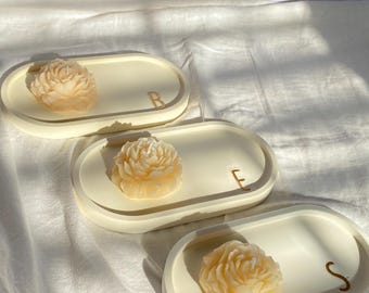 Peony Candle & Personalized Initial Tray Set | Sea Salt Orchid Eco-Resin Jewelry Dish