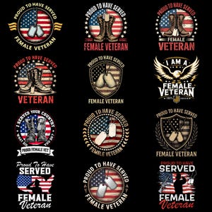 Puede incluir: Una colección de diseños patrióticos con la bandera estadounidense, botas militares, chapas de identificación y el texto "Female Veteran" o "Veteran". Los diseños son en rojo, blanco y azul, con estrellas y rayas.