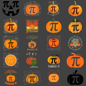 May include: A collection of orange pumpkins with the mathematical symbol pi (π) on them. Some pumpkins have text like "Pumpkin Pi Irrational" and "Pumpkin Pi". The background is a dark gray color.