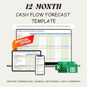 Plantilla de previsión de flujo de caja a 12 meses / Rastreador de presupuesto automatizado para pequeñas empresas (Google Sheets)