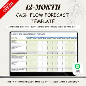 A laptop displaying a 12-month cash flow forecast spreadsheet in Google Sheets. A red special offer banner sits in the corner. Text highlights key features: automated overview, customizable categories, beginner friendly, instant download, mobile optimized, and compatible with any currency.