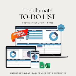 Może przedstawiać: Cyfrowa lista rzeczy do zrobienia wyświetlana na laptopie, tablecie i smartfonie. Ekrany pokazują wykresy zarządzania zadaniami i wskaźniki postępu. Widoczny jest czerwono-pomarańczowy baner "Oferta specjalna".