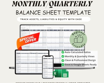 Small Business Balance Sheet Template, Monthly Quarterly Financial Tracker (Excel/Sheets)