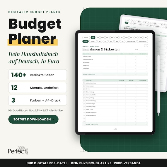 Digitaler Budget Planer Deutsch, Haushaltsbuch Undatiert, Finanzplaner GoodNotes Vorlage, Budgetplaner iPad Tablet, Sparchallenge