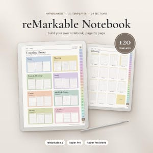 May include: A digital reMarkable Notebook template set featuring 120 templates and 24 sections. The display shows a template library with color-coded categories like Notes, Planning, Work & Meetings, Study, Home, Health & Fitness, Money, and Creative.
