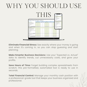 Graphic titled 'Why You Should Use This' displaying the business finance tracker on a laptop and mobile phone. Text lists the main benefits: eliminate financial stress, make smarter business decisions, save hours of time, and gain total financial control.