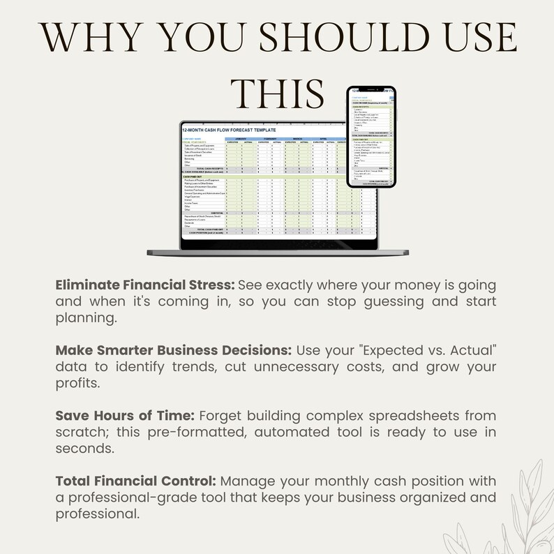 Graphic titled 'Why You Should Use This' displaying the business finance tracker on a laptop and mobile phone. Text lists the main benefits: eliminate financial stress, make smarter business decisions, save hours of time, and gain total financial control.