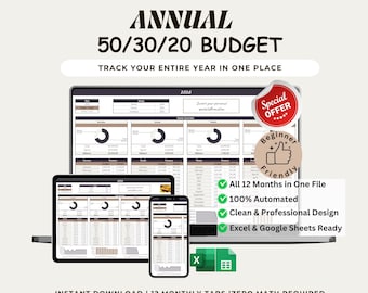 Annual 50/30/20 Budget Spreadsheet | Monthly Planner (Google Sheets, Excel)