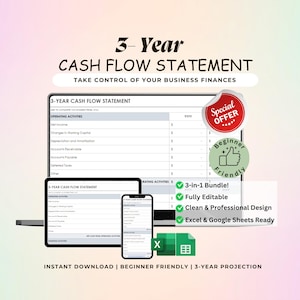 May include: A digital 3-Year Cash Flow Statement displayed on a tablet, phone, and laptop. The image includes the text "Take Control of Your Business Finances" and "Beginner Friendly". A red "Special Offer" sticker is also visible.