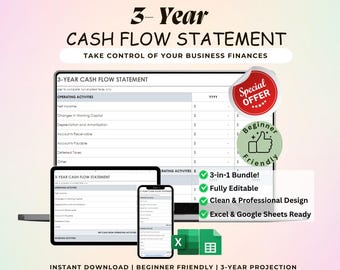 3-Year Cash Flow Statement Template | Small Business Finance Tracker (Google Sheets, Excel)