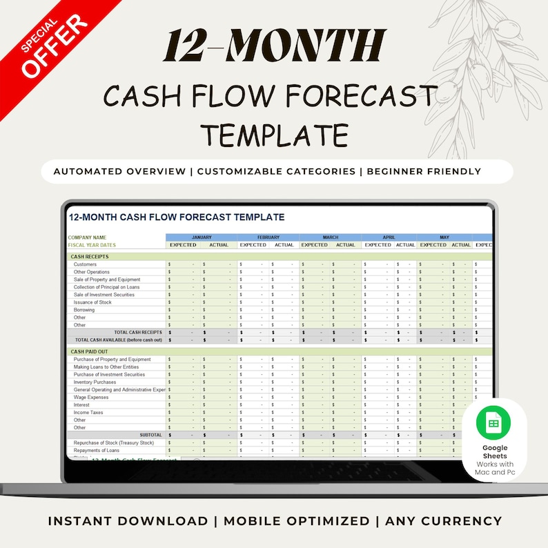 A laptop displaying a 12-month cash flow forecast spreadsheet in Google Sheets. A red special offer banner sits in the corner. Text highlights key features: automated overview, customizable categories, beginner friendly, instant download, mobile optimized, and compatible with any currency.