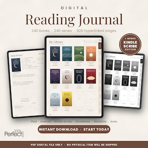 May include: A digital reading journal displayed on three tablet screens, featuring 928 hyperlinked pages for 240 books and series. The interface includes a book review template and a library view with colorful book covers and star ratings.