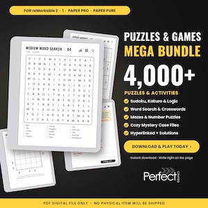 May include: A digital puzzle bundle for reMarkable 2, Paper Pro, and Paper Pure tablets. The display shows a medium word search grid with a list of tools. Text includes Puzzles & Games Mega Bundle 4,000+ Puzzles & Activities, and Download & Play Today.