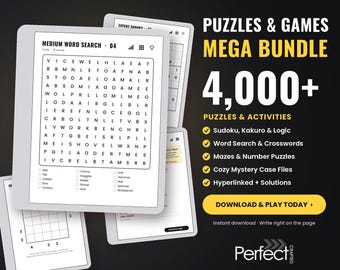 May include: A digital puzzle bundle for reMarkable 2, Paper Pro, and Paper Pure tablets. The display shows a medium word search grid with a list of tools. Text includes Puzzles & Games Mega Bundle 4,000+ Puzzles & Activities, and Download & Play Today.