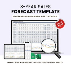May include: A digital marketing image showcasing a 3-Year Sales Forecast Template. The image features a laptop, tablet, and smartphone displaying spreadsheet data. A magnifying glass highlights a graph. Text includes "Plan Your Business Growth With Confidence" and "Instant Download | Easy to Use | Excel & Google Sheets."