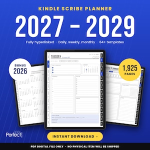 May include: A digital Kindle Scribe planner for 2027-2029 featuring daily, weekly, and monthly layouts with 64 plus templates. The display shows a Tuesday schedule, a 2026 bonus calendar, and 1,925 pages total. Text includes Instant Download.