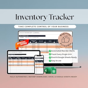 Puede incluir: Gráfico de un rastreador de inventario con el texto "Inventory Tracker" y "Take Complete Control of Your Business". La imagen muestra una computadora portátil, una tableta y un teléfono que muestran datos de inventario. Incluye alertas de reordenamiento.