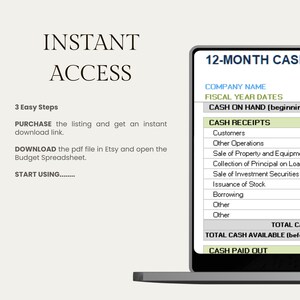 Graphic titled 'Instant Access' showing the right side of the cash flow tracker on a laptop screen. Text lists 3 easy steps to begin: Purchase the listing to get an instant download link, download the PDF file in Etsy, and start using the spreadsheet.