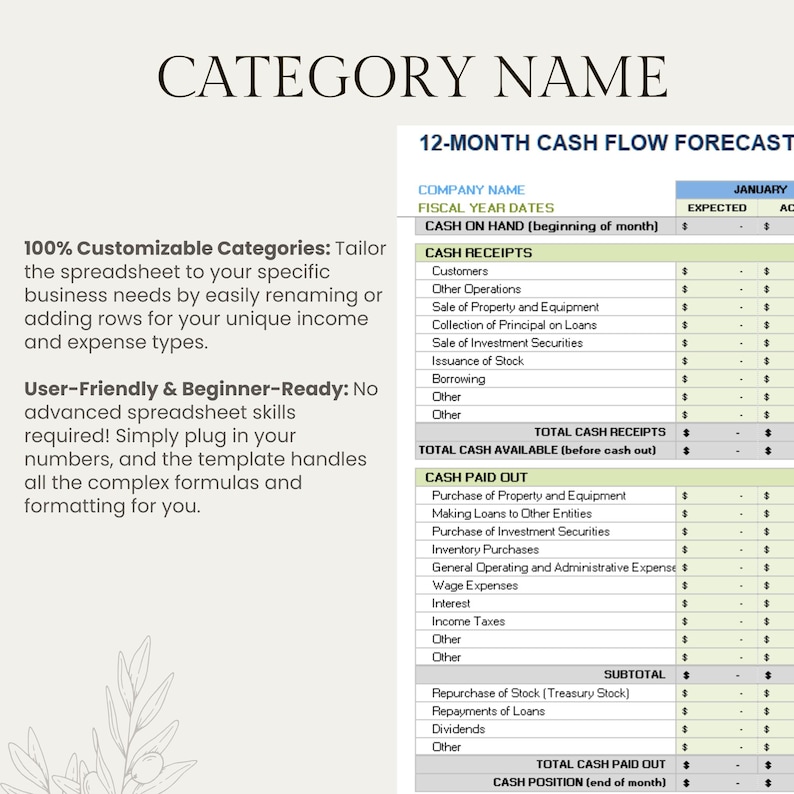 Close-up of the cash flow spreadsheet focusing on the category names. Text highlights that the template features 100% customizable categories tailored to specific business needs, and is user-friendly and beginner-ready, handling all complex formulas for you.