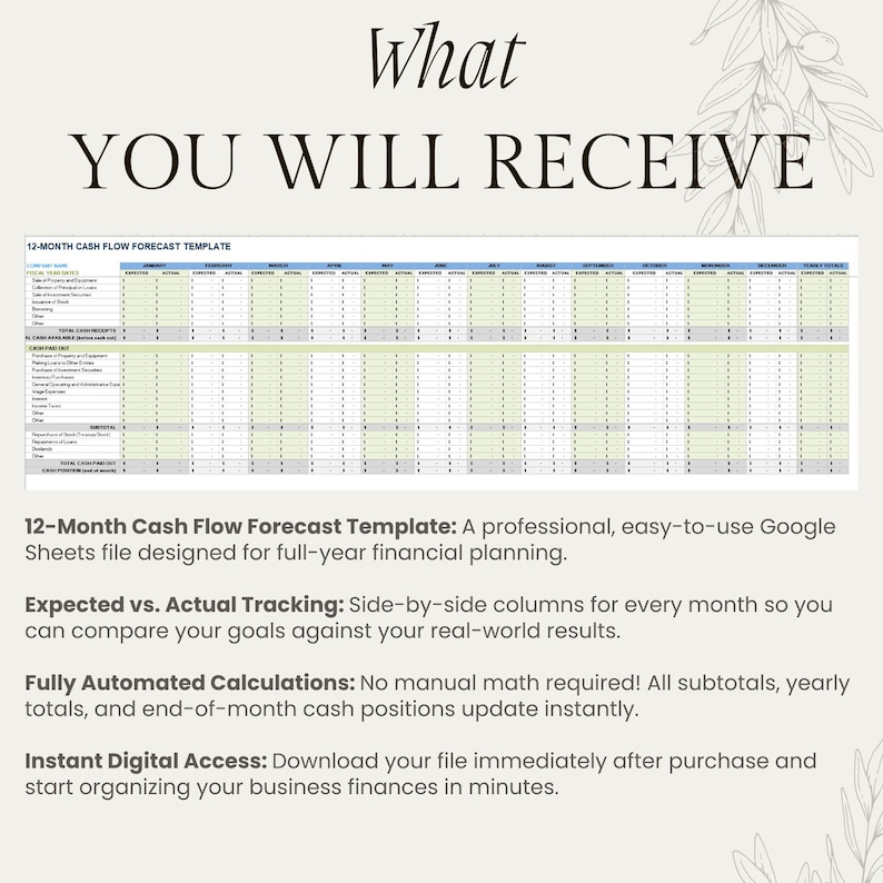 Infographic titled 'What You Will Receive' showing the full 12-month cash flow forecast template. Text lists four key benefits: a professional Google Sheets template, expected vs. actual tracking columns, fully automated calculations that require no manual math, and instant digital access to organize business finances.